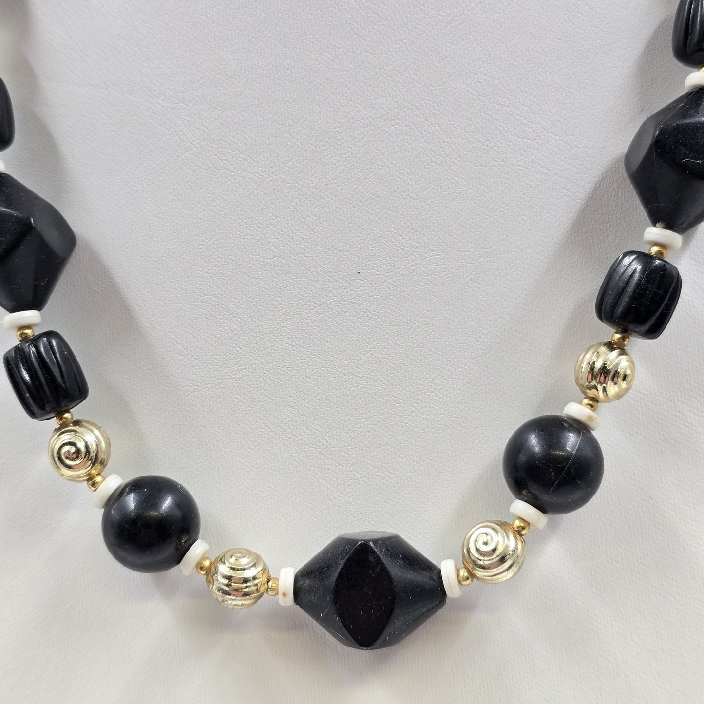 White & Gold Tone Beads with Black Faceted Diamond Faux Pearl Stone 12" Necklace