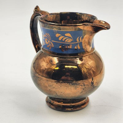 Copper Lusterware Small Creamer Pitcher Bronze & Cobalt Blue Band Floral 5.5"x3"