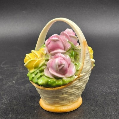 Porcelain Basket w Handle 5"h Pink Yellow Rose Bouquet 2 pcs Trinket Box Germany