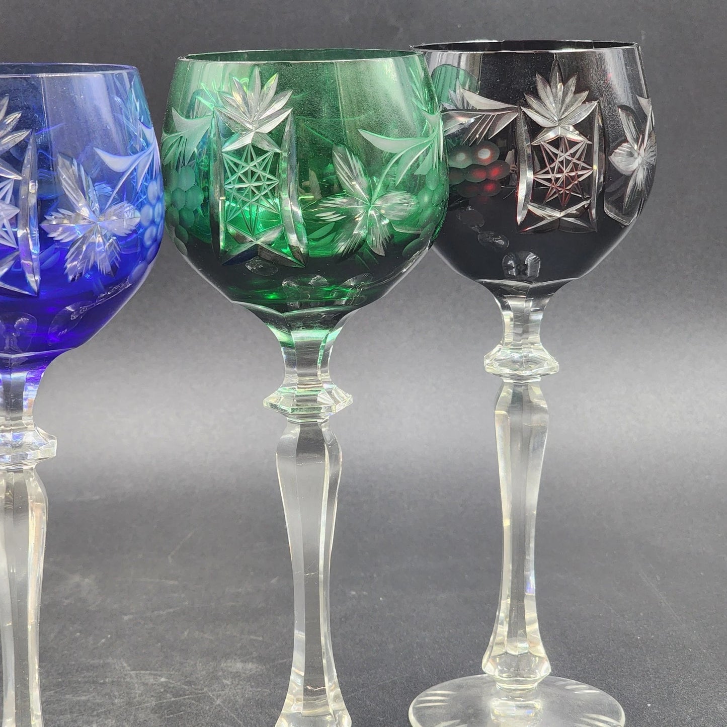 4 Bohemian Cordial Glasses Crystal Cut-to-Clear Wine Hocks 8.75" Multi-Color