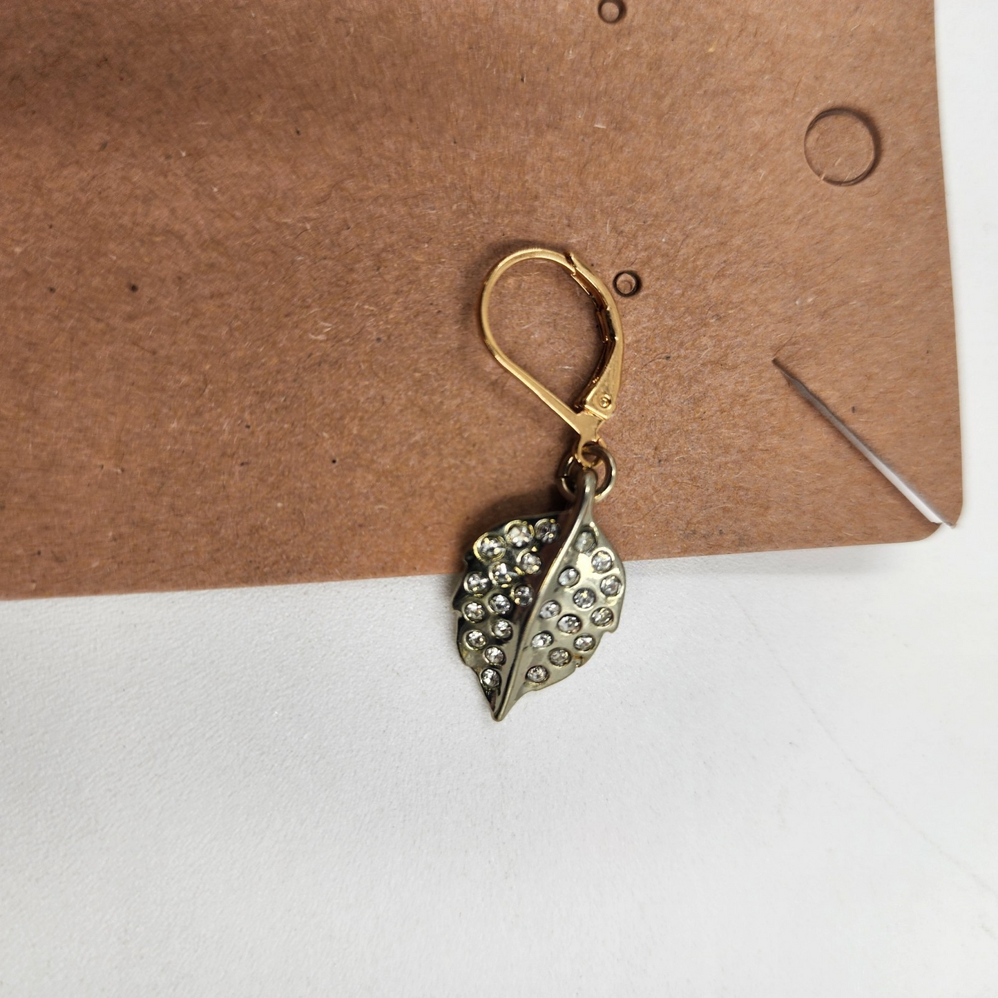 Gold Tone with Rhinestones Clear Crystal Leaf Shaped Drop Dangle Earrings 1.25"