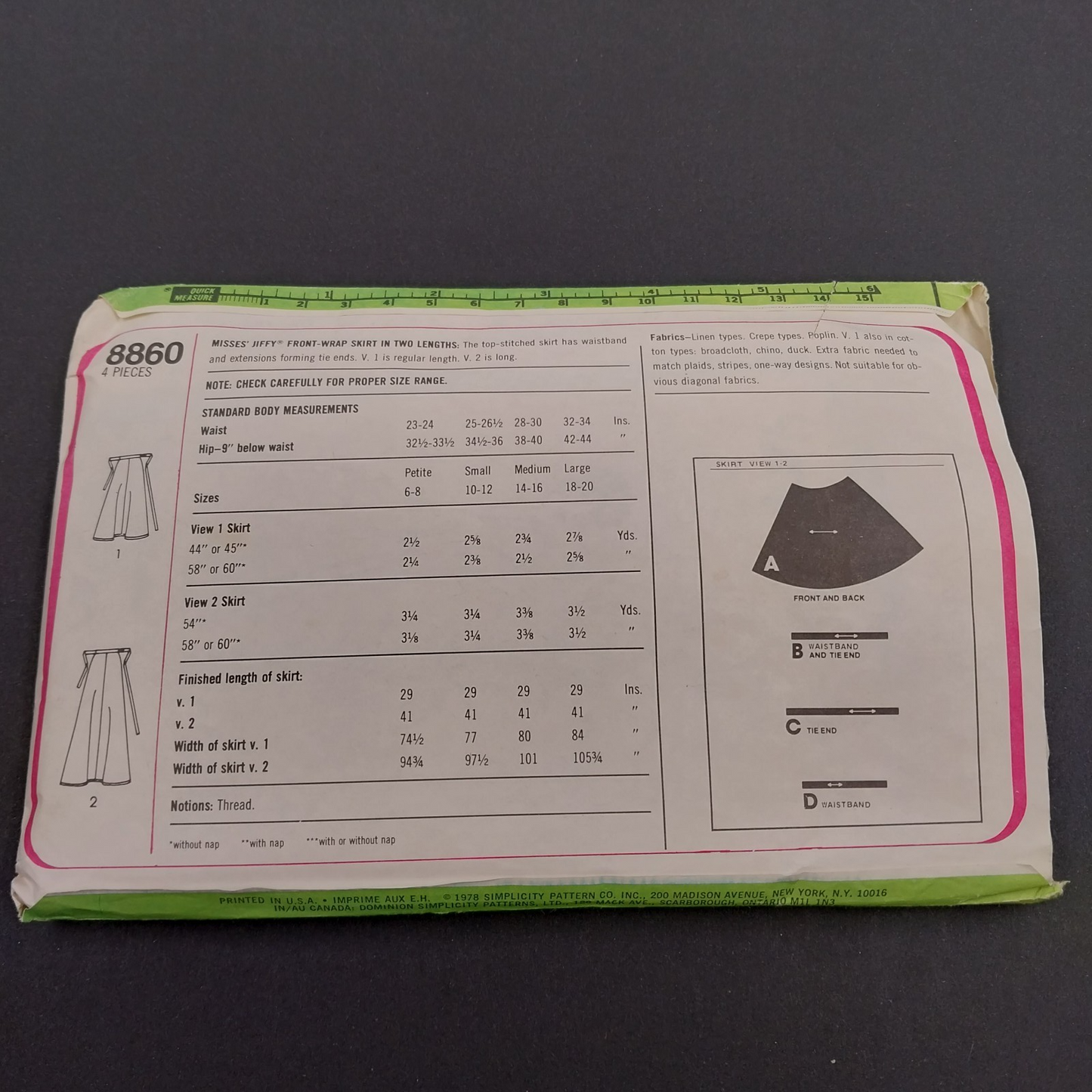 Simplicity 8860 Vintage Sewing Pattern '70 Cut Miss Jiffy Front Wrap Skirt 10-12