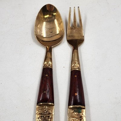 Dessert Flatware Set Nickel Bronze & Teakwood James Thailand 19 Pc Broken Server