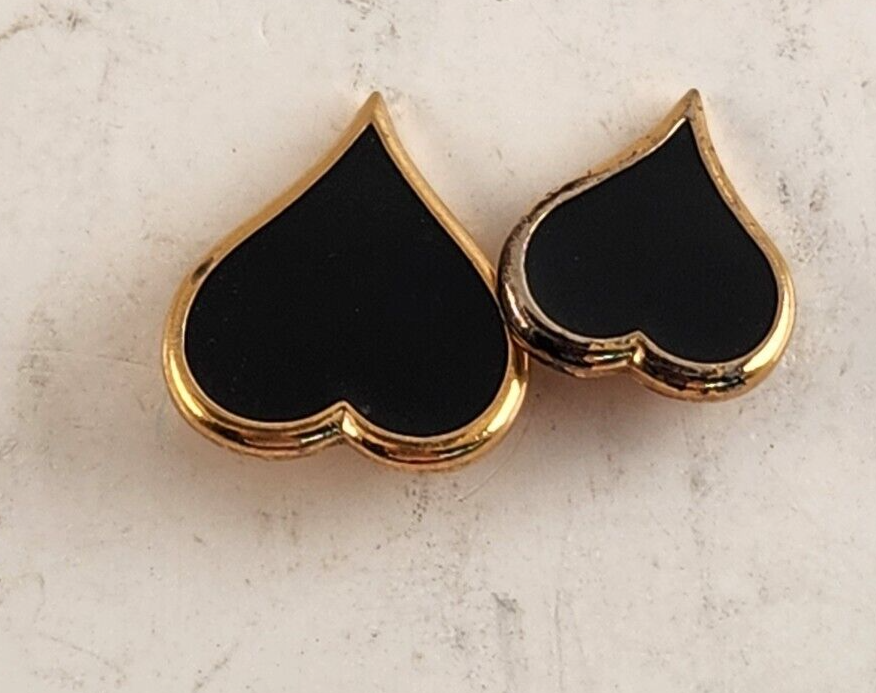 Set Of Two Sarah Coventry Black Heart Shaped Pins W/ Gold Ascents Vintage