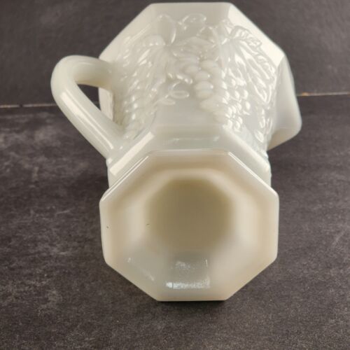 Anchor Hocking Milk Glass White Pitcher Grape Leaf Pattern Octagon Base 6.5" H