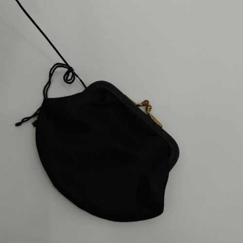 Black Handbag Vintage w Coin Purse Rhinestone Metal Clasp Closure 8"