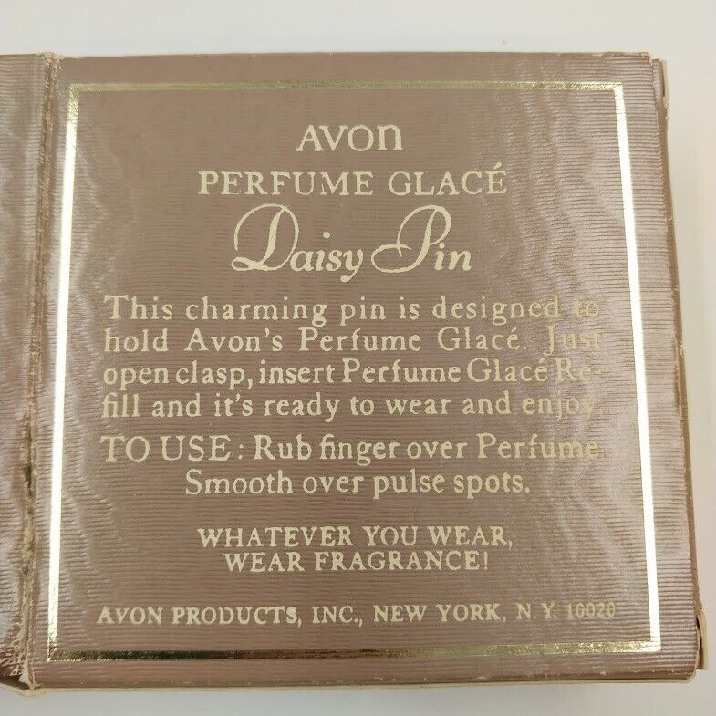 Avon Perfume Glace Daisy Pin Brooch Gold Tone Enameled Flower with Original Box