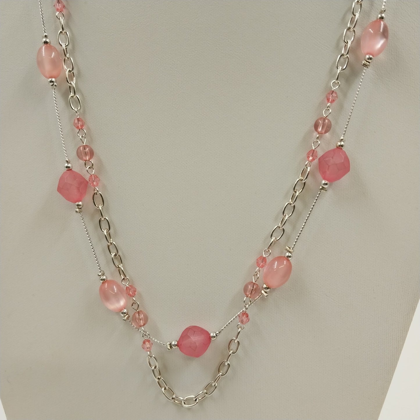 Silver Tone Necklace and Earrings Set in Pink Faux Pearl Beads Double Strand 15"