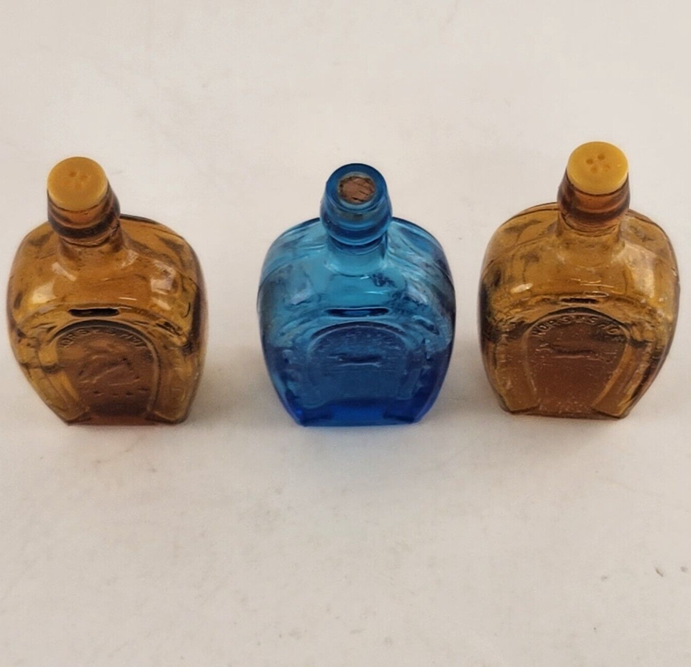 3 Horseshoe Bottle Salt Pepper Blue Amber Miniature 3.25" Glass Bitters