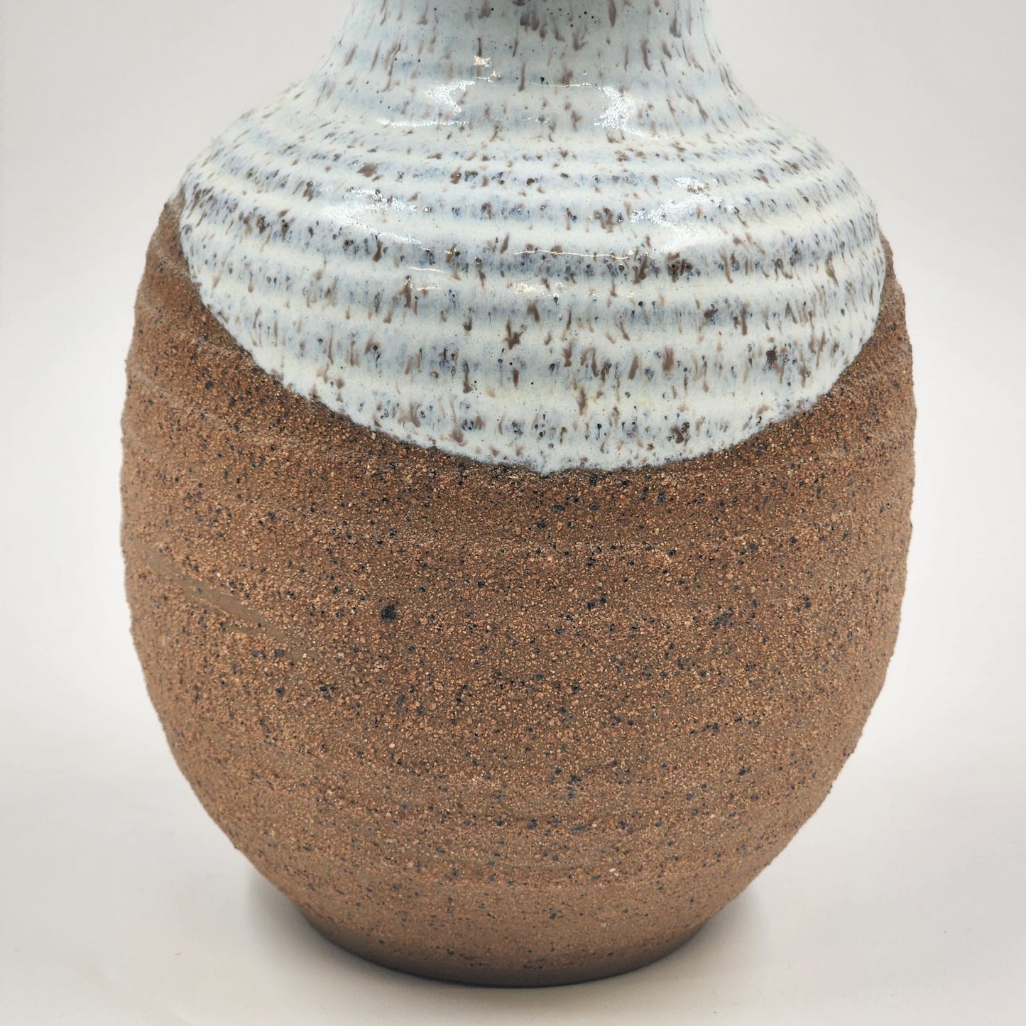 Hand Made Studio Pottery Vase 8.5"h Brown Ringed Clay Glazed Upper and Inside