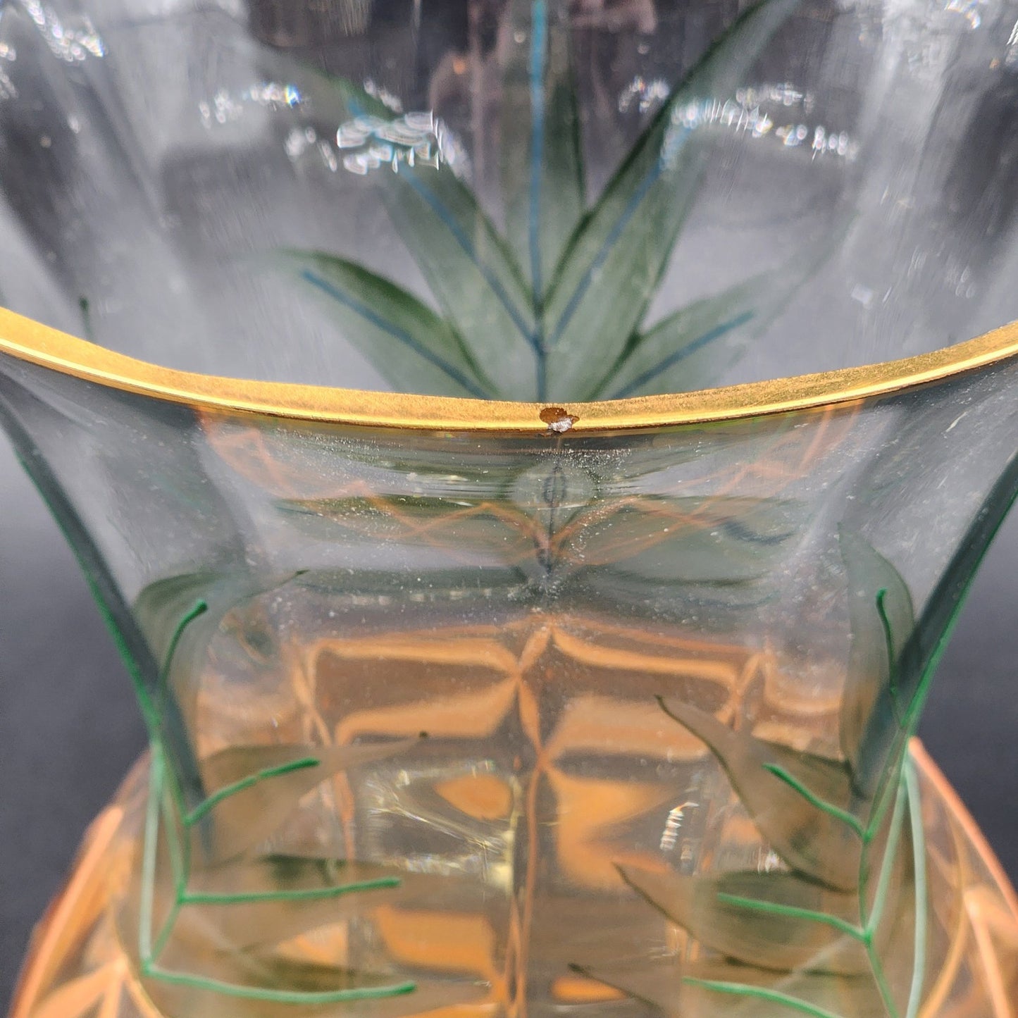 Romanian Vase Clear Crystal Hand Painted Art Glass Pineapple Design Gold Trim