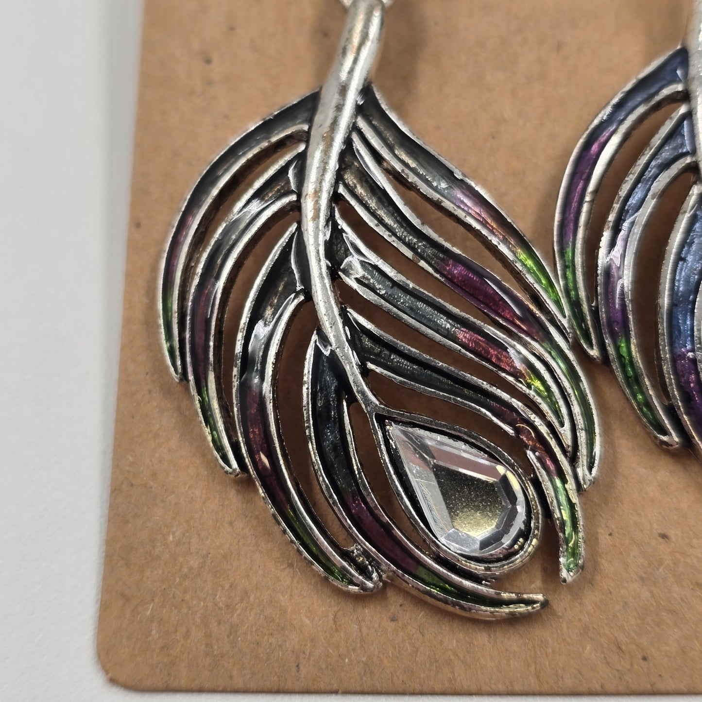 2 Set of Earrings Feather Shape Enameled Rhinestone & Avon Boho Weave Multicolor