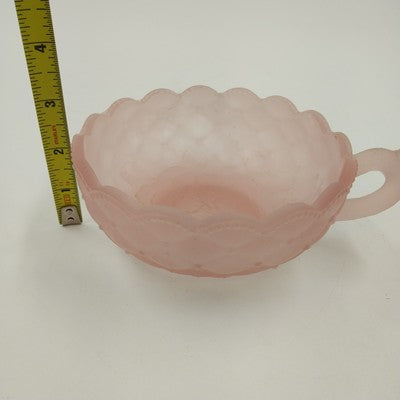 Imperial Glass Pink Frosted Satin Pansy Dish Handle Candy Trinket Bowl Chipped