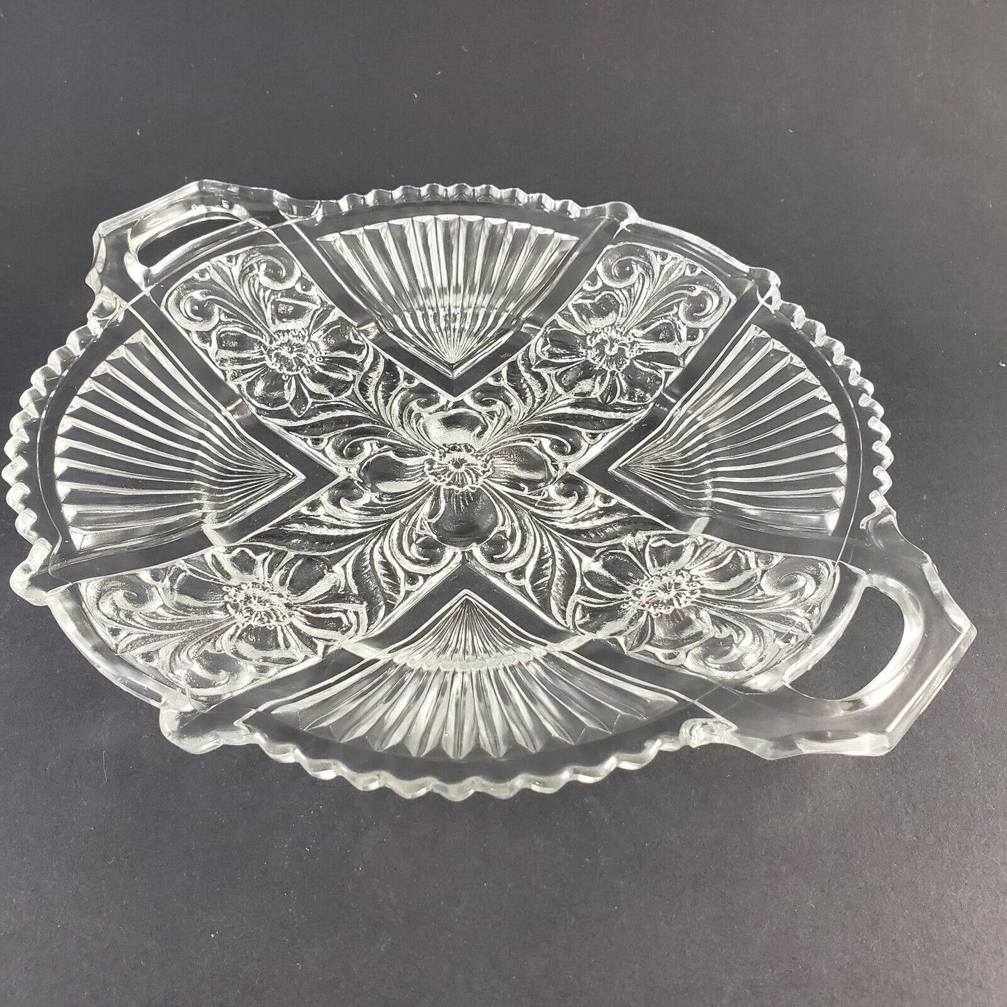 Clear 2 Handled Relish Plate Indiana Glass Killarney Pattern 10½" Across Vintage