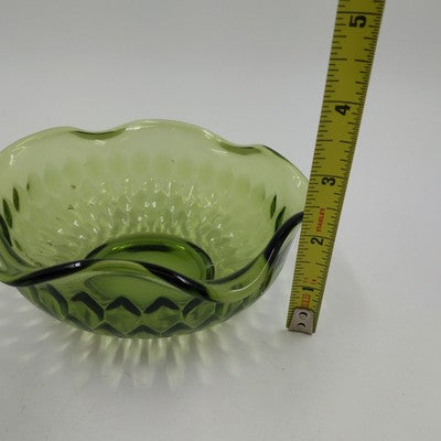 Avocado Green Indiana Glass Salad Bowl with Ruffle Edge Diamond Pattern Vintage