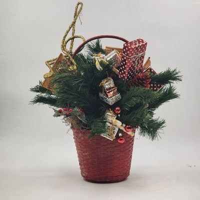 Pine Basket Christmas Centerpiece 15" Pinecone Greenery w Gifts & Music Symbols