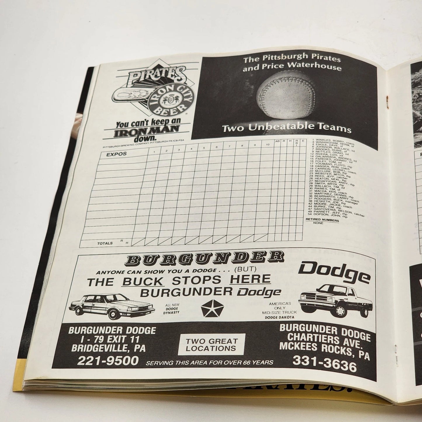 1988 Pittsburg Pirates Scorecard Vs Montreal Expos Unscored Clean Vintage MLB
