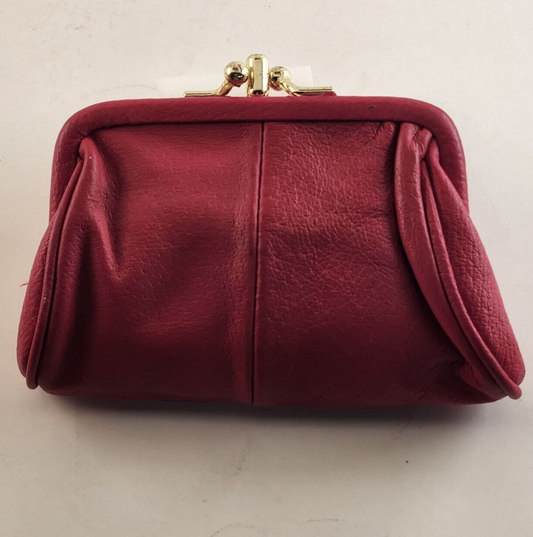 Red Leather Coin Purse Gold Accents Kiss Closure Interior Zipper