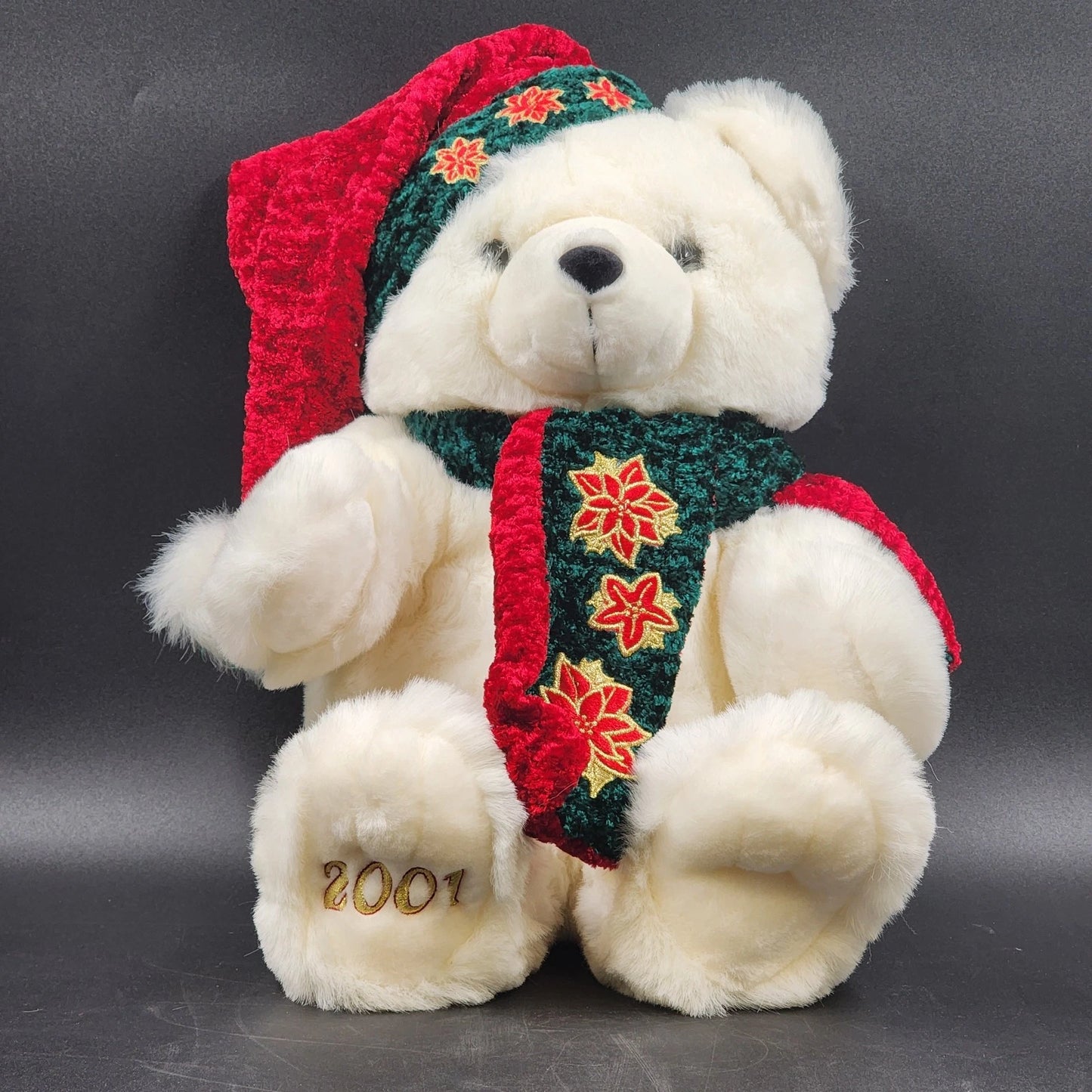 Santa Bear 2001 Kmart Christmas Plush Collectible White Teddy w Hat & Scarf 15"