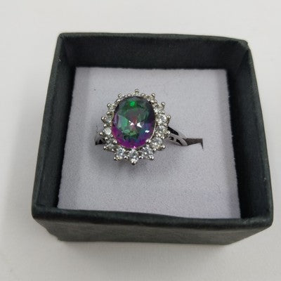 Mystic Topaz & Rhinestone Statement Ring Sz 6 Silver Tone w/ Box