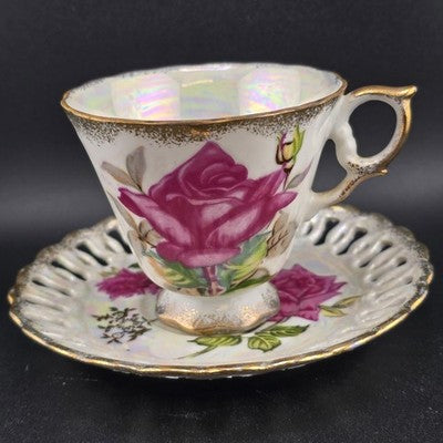 Inarco Tea Cup E-1052 Saucer E-1662 Lusterware Roses Reticulated Edge Japan