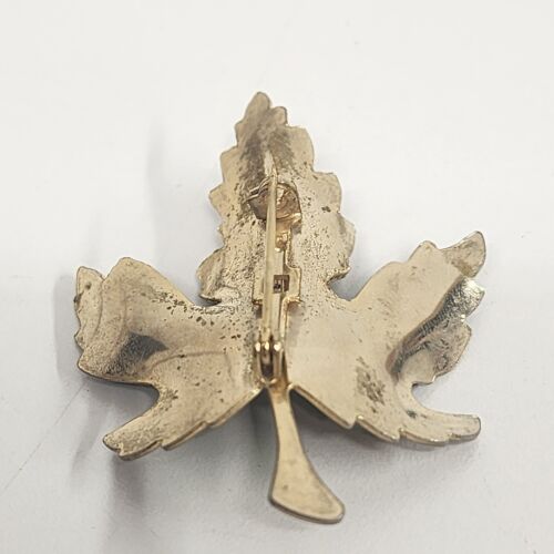 Green Enamel Maple Leaf Brooch Pin Gold Tone Rim and Backing 2" Long Vtg Jewelry