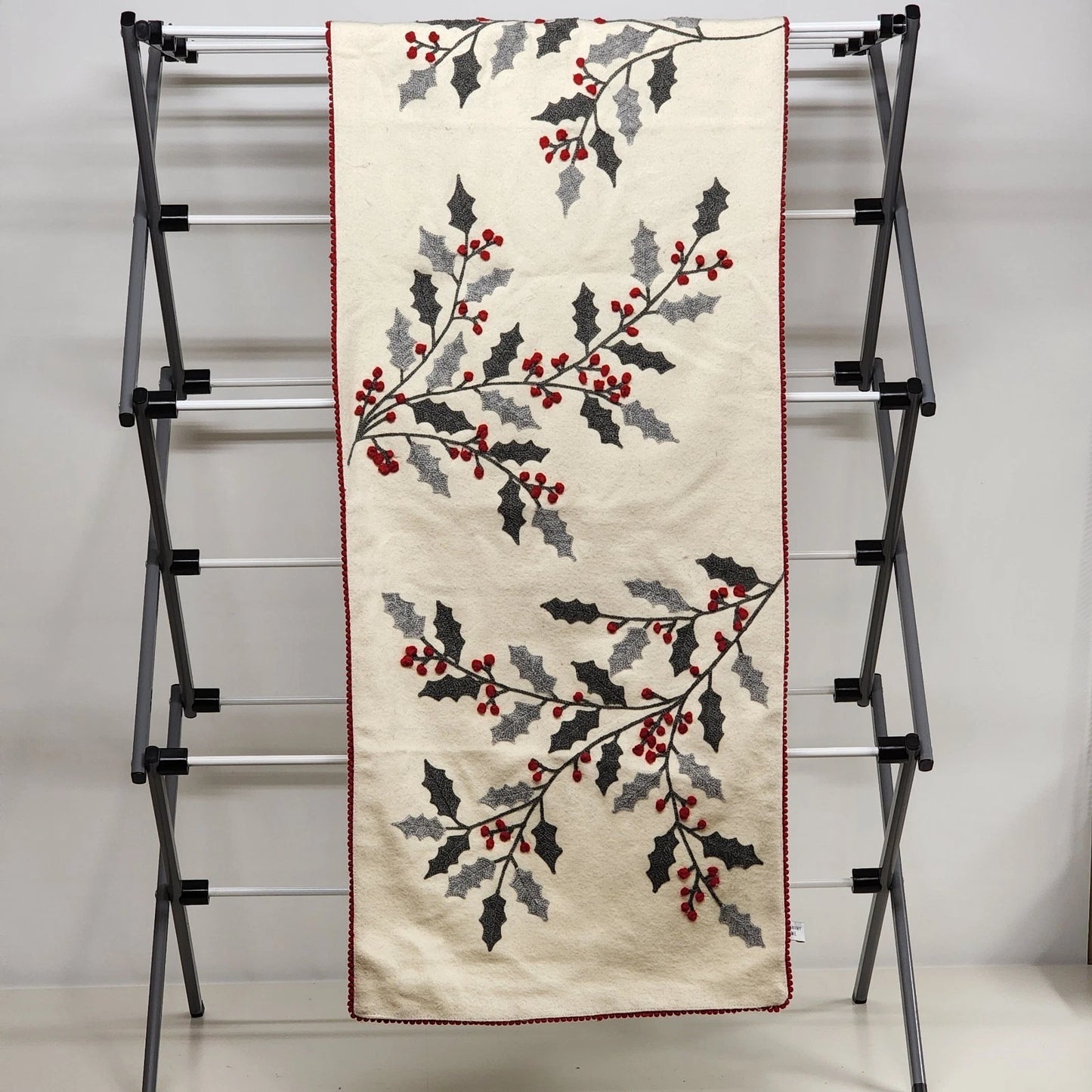 Artisan NY Home Table Runner Holly Bough Embroidered Red Trim 72"x18" Holiday