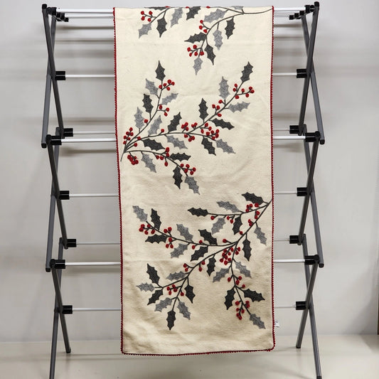 Artisan NY Home Table Runner Holly Bough Embroidered Red Trim 72"x18" Holiday