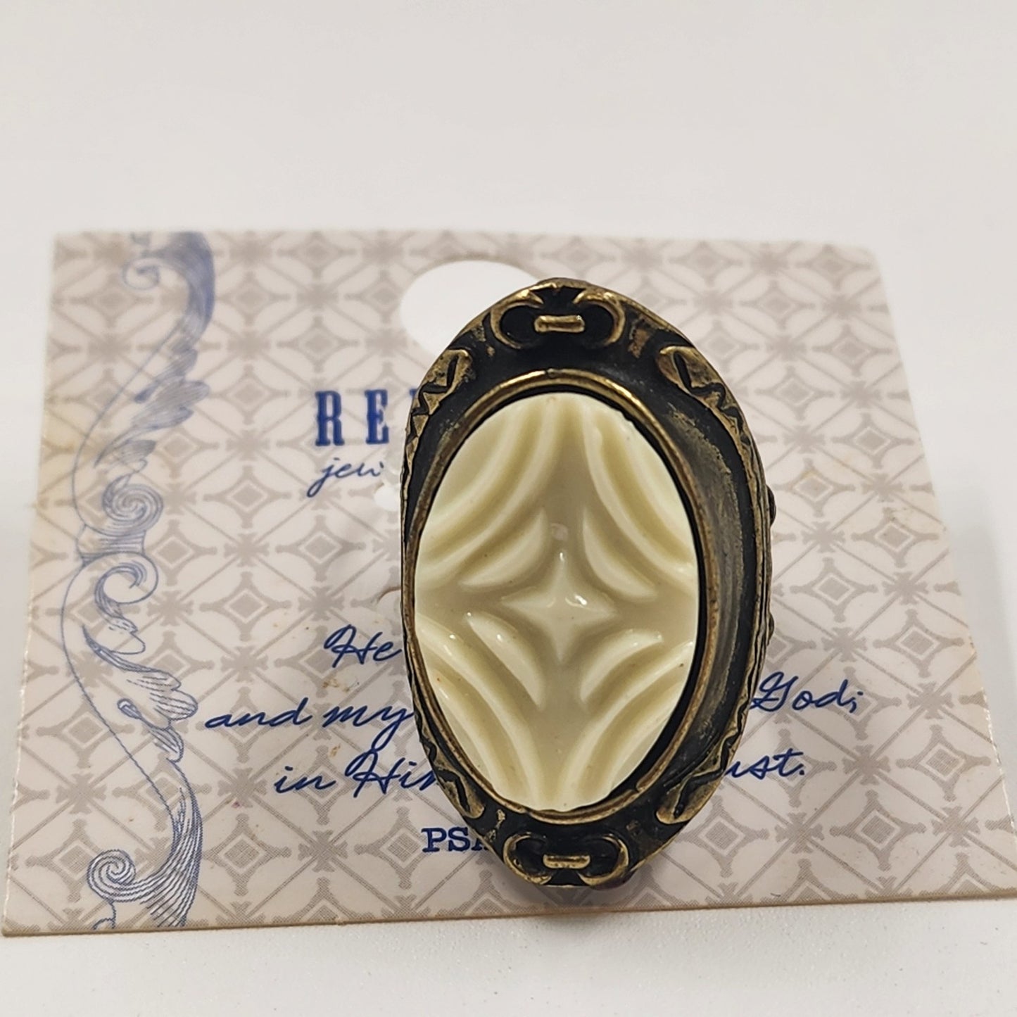 Redeemed Jewelry Ring Bronze Tone White Stone Elastic Band Psalm 91:1 & 91:2