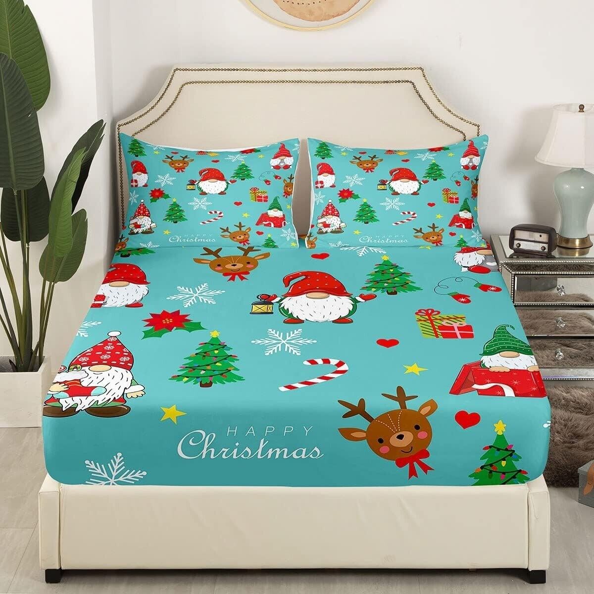 Christmas Santa Gnomes Bed Sheets Queen Cute Reindeer Sheet Set Holiday Bedding
