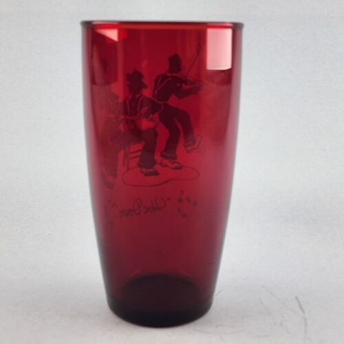Anchor Hocking Ruby Red Hoe Down Water Glass Mountain Music Fiddle Banjo Vintage