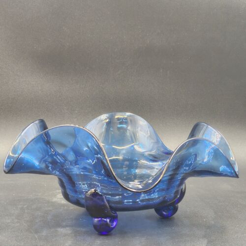 Hand Blown Blue Ruffled Glass Bowl 3 Affixed Feet 11" x 5" OOAK