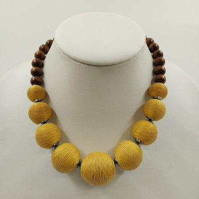 Plunder Design Boho Wood & Cord Wrapped Chunky Beaded Necklace Statement Jewelry