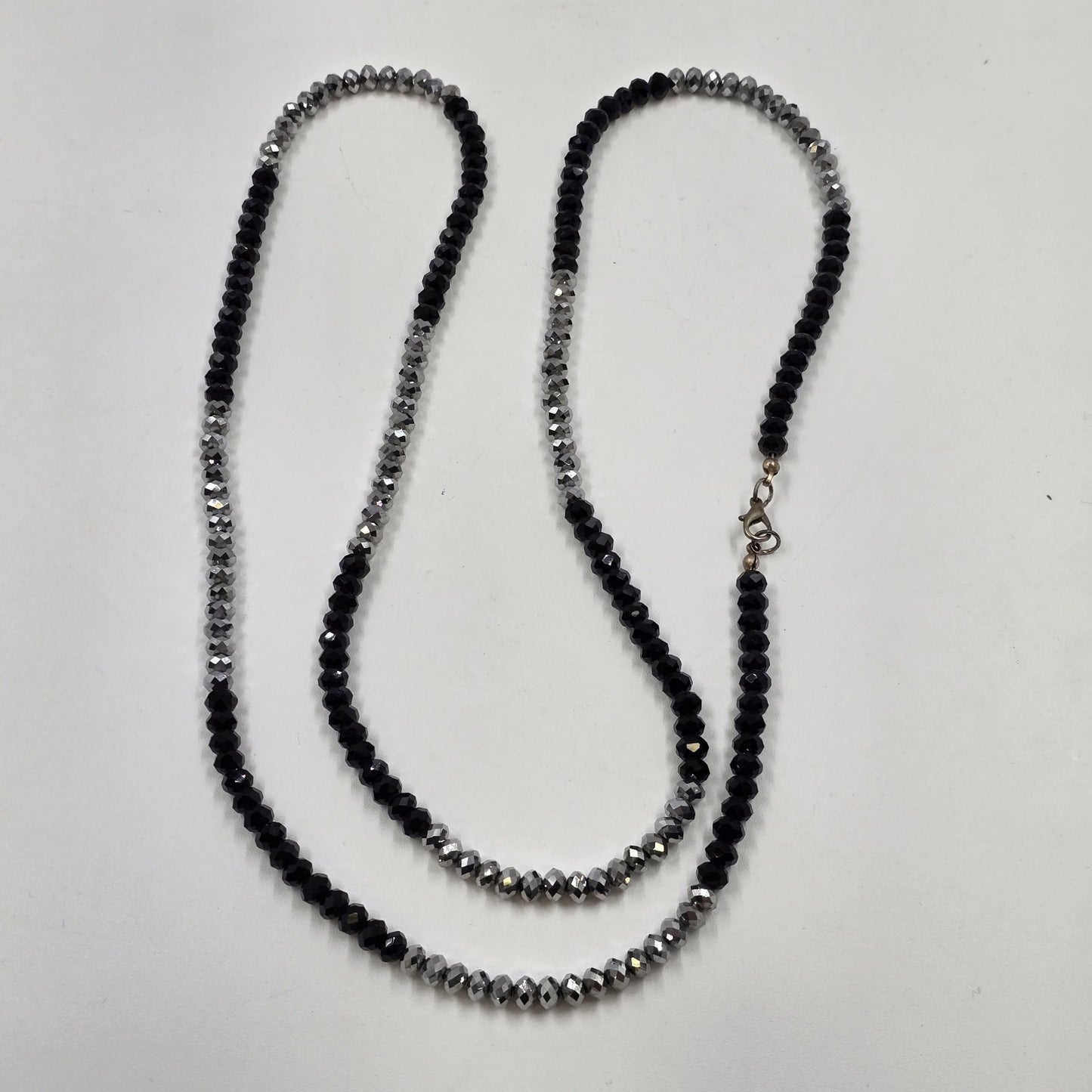 Jewelry Necklace Black Silver Tone Faceted Crystal Rondelle Faux Pearl Beads 20"