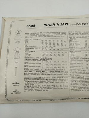 McCall's Craft 3508 Vtg Sewing Pattern 1988 Cut Misses Dress & Belt Size A 10-14