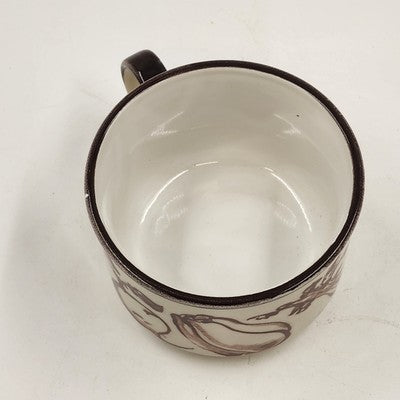 Ceramic Stoneware Cream & Brown w Stylized Vegetable Design Soup Mug Japan 16oz