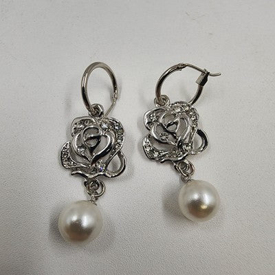 Silver Tone Floral with Crystal Rhinestone White Faux Pearl Dangle Earrings 1.5"
