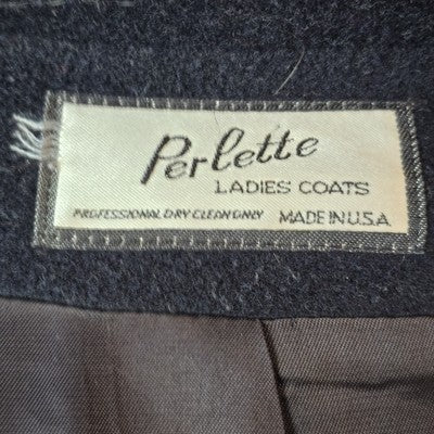 A Sachs Perlette Black Double Breasted Wool Ladies Long Coat Shoulder Padded USA