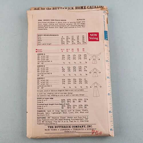 Butterick 5596 Vintage Sewing Pattern Misses One Piece Dress 15 Pieces Size 12