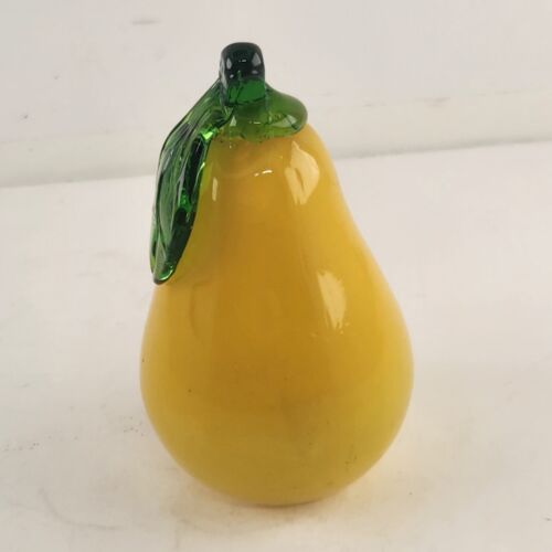 Art Glass Yellow Pear Green Stem Hand Crafted Decorative Vegetable 4.75" Tall