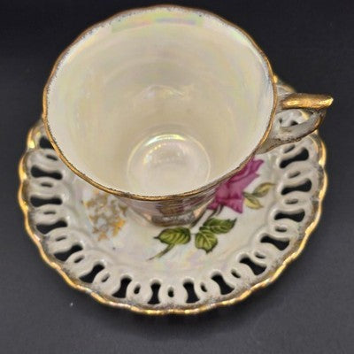 Inarco Tea Cup E-1052 Saucer E-1662 Lusterware Roses Reticulated Edge Japan