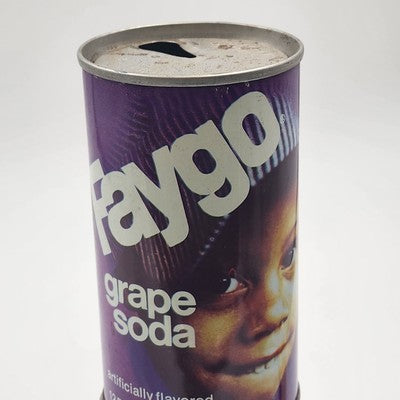 Set of 2 Faygo Fruit Grape Soda Pull Tab Empty Cans Medicine Milestones Vtg 1977