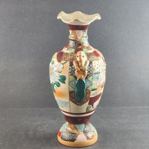 Asian Satsuma Vase Japanese 10" Hand Painted Immortals Foo Dog Pottery Vintage