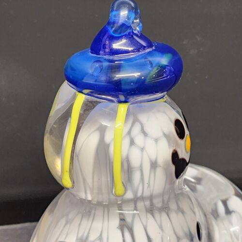 Murano Frosty Type Glass Snowman Bust Paperweight with Arms Blue Hat Mittens 4"h