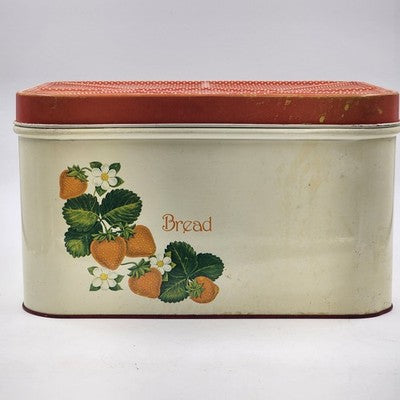Cheinco Metal Tin Bread Box 13.5x9.5x8"h Strawberries & Leaf Red Lid Vintage MCM