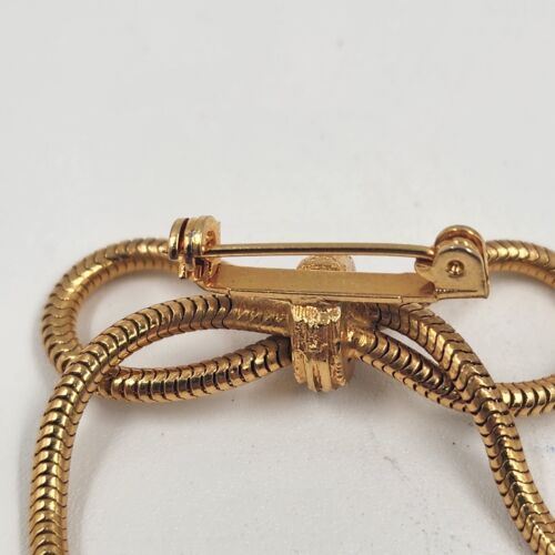 Gold Tone Mesh Rope Bow Brooch with Rhinestones & Tassels 1.5" Wide Vintage