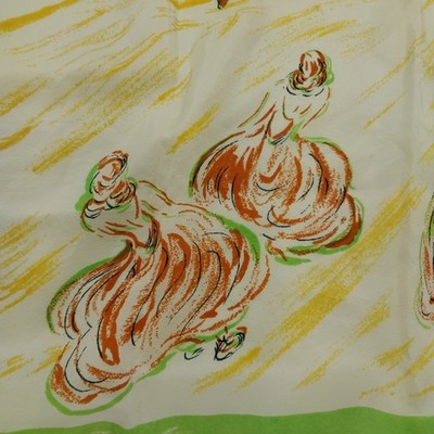 Dancing Ladies Silk Blend Scarf 34" Square Brown Yellow Green Ethnic Pattern