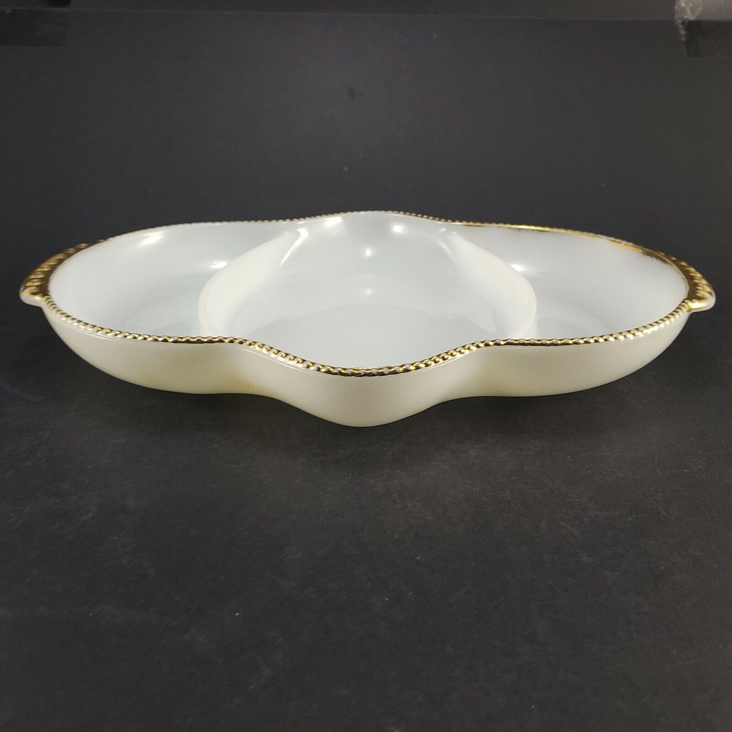 Fire King Oven Ware Divided White Milk Glass with Gold Trim 3-Part Dish Vintage