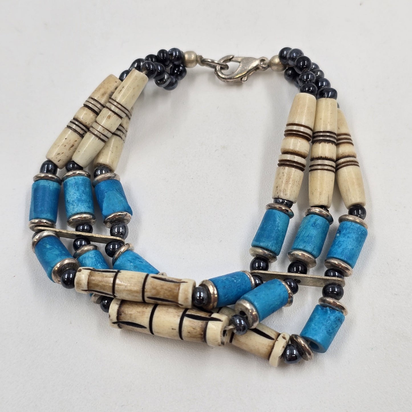 Blue White American Native Style Line Choker Beads 3 Strand Tribal Bracelet 7"