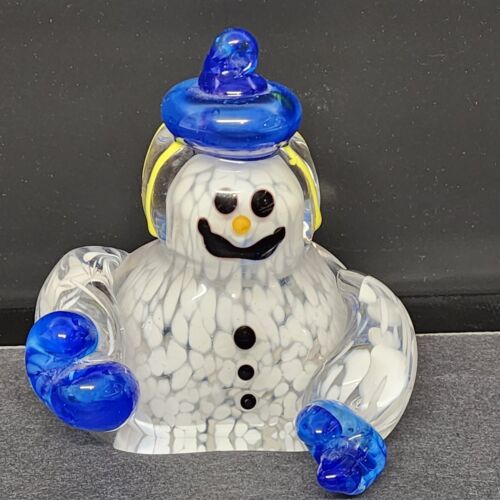 Murano Frosty Type Glass Snowman Bust Paperweight with Arms Blue Hat Mittens 4"h